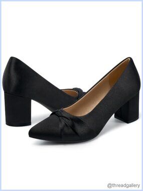 Satin Pointed Toe Block Heel Pumps with Bow Slip On Work Dress Shoes